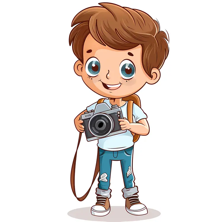 Happy Boy with Camera and Backpack