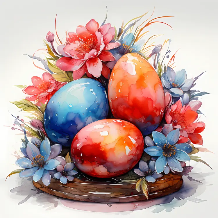 Colorful Easter Eggs in Nest with Flowers