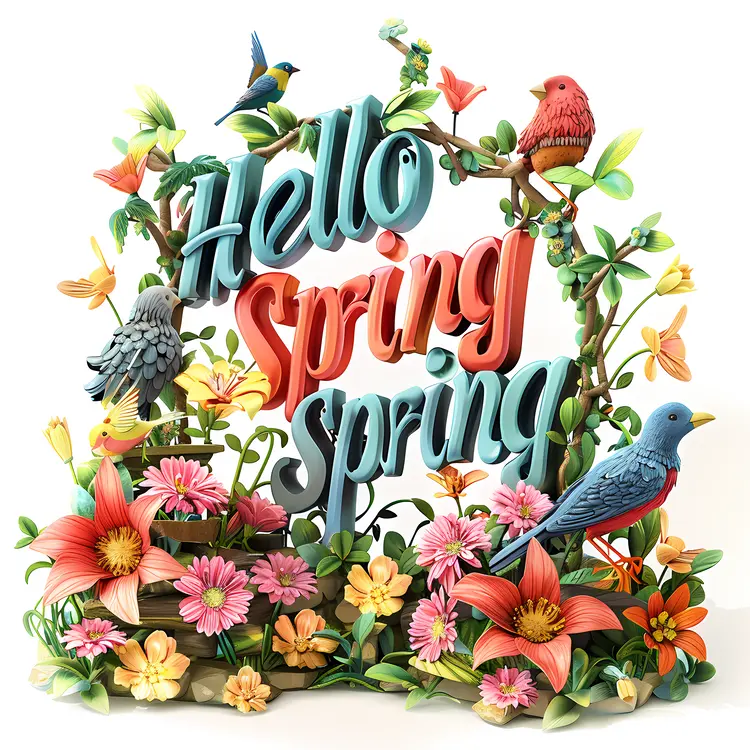 Hello Spring with Colorful Birds and Flowers
