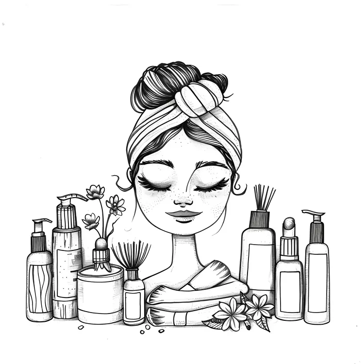Woman with Skincare Products and Flowers