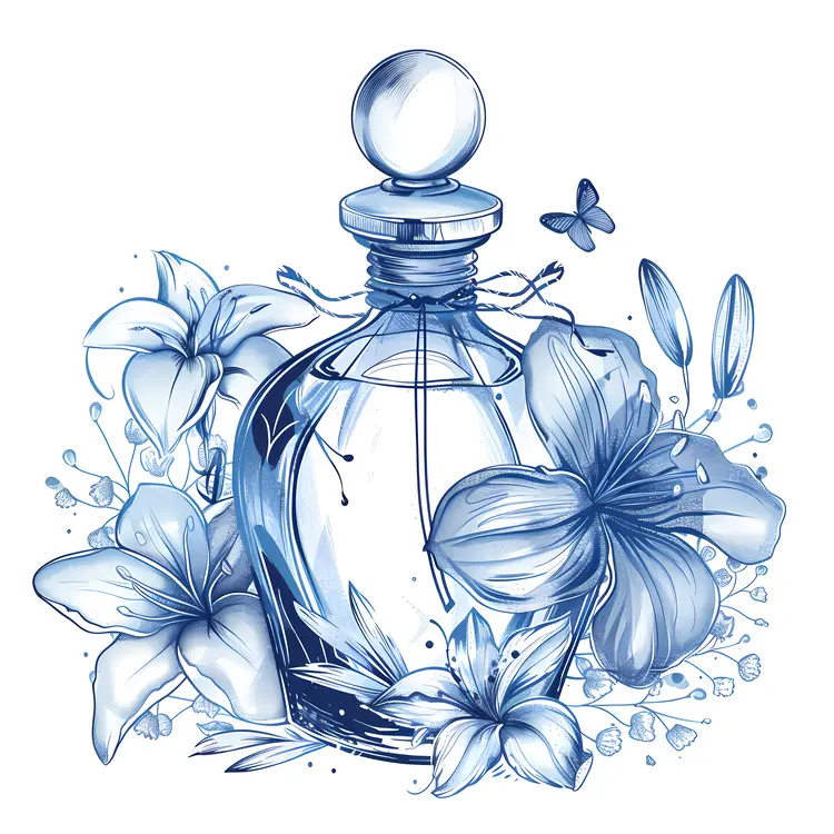 Blue Perfume Bottle with Floral Arrangement