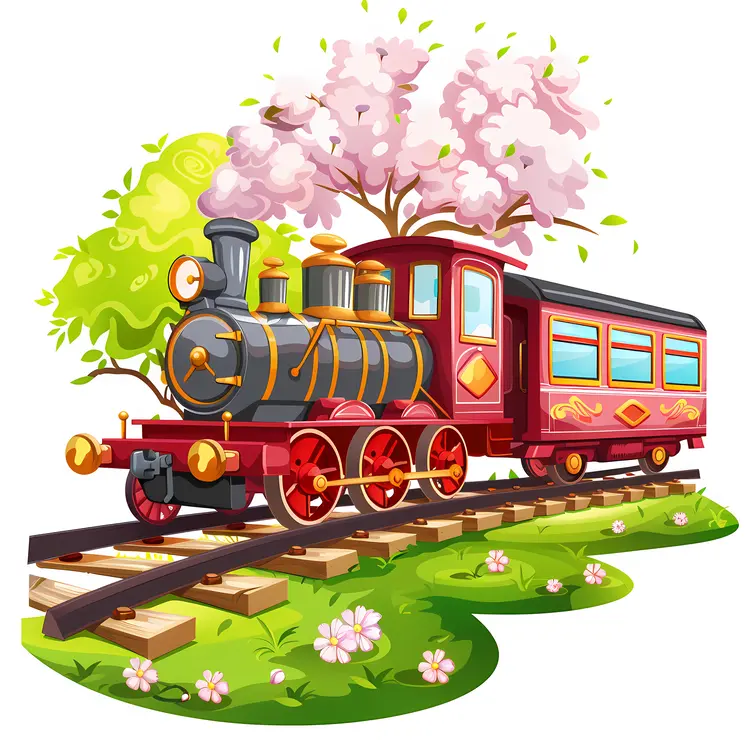 Red Steam Train with Blossoms