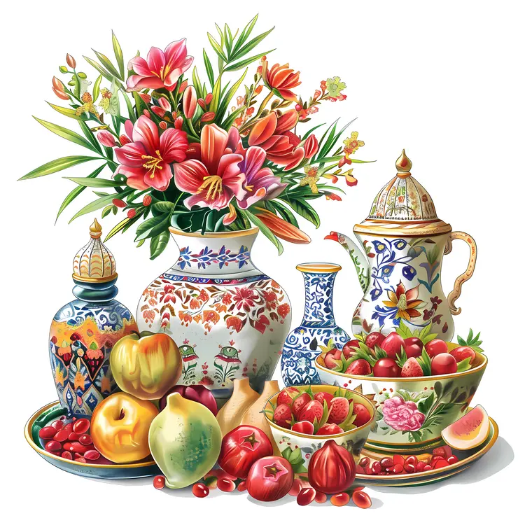 Decorative Vases and Fruit on Table
