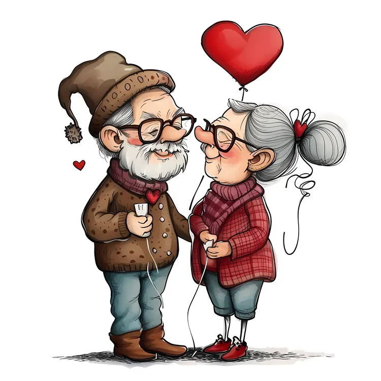 Elderly Couple with Heart Balloon Illustration