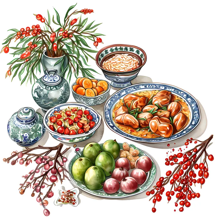 Colorful Fruit and Dish Arrangement with Floral Decorations
