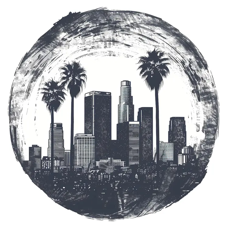 Monochrome Cityscape with Palm Trees