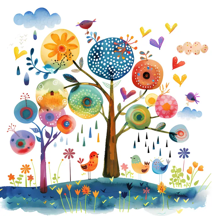 Colorful Trees and Birds in Rainy Weather