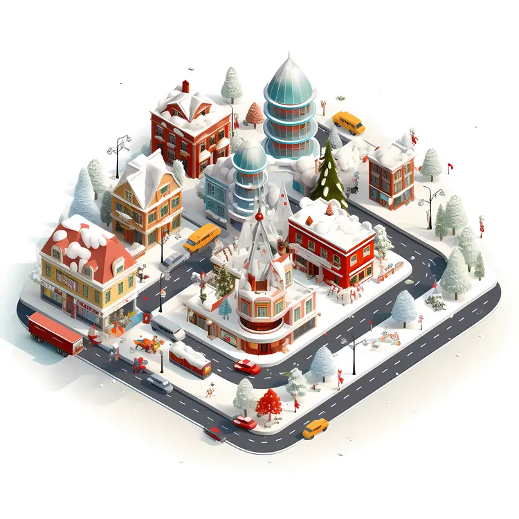 Snowy Town with Buildings and Cars