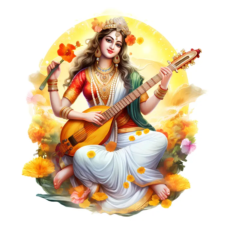 Goddess Playing Veena with Flowers