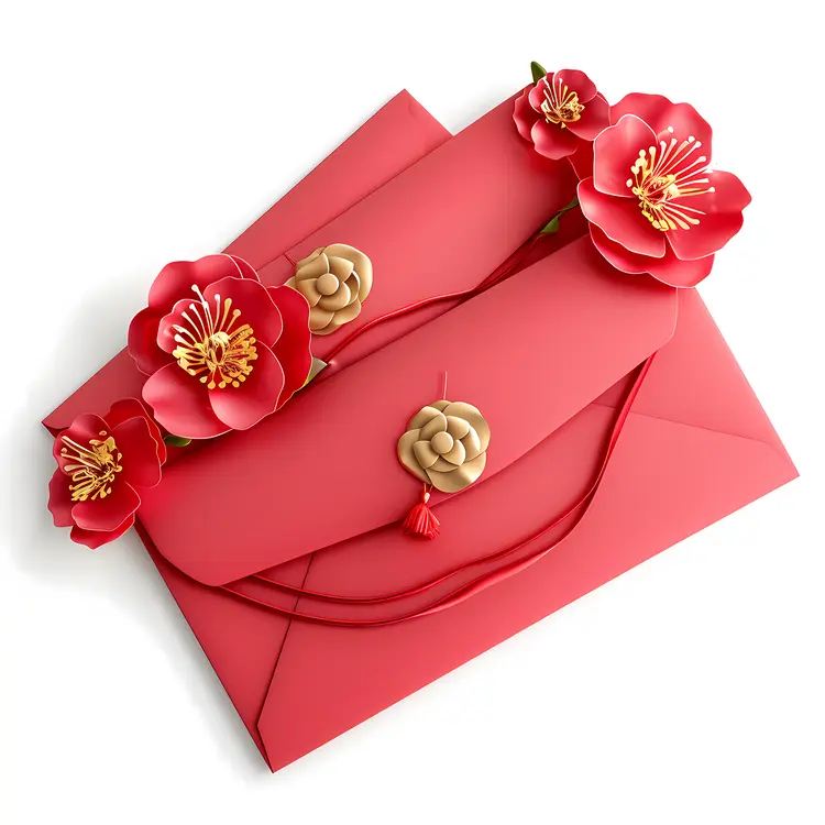 Red Envelopes with 3D Floral Decorations for Chinese New Year