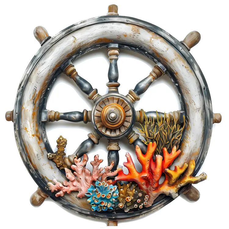 Ship Wheel Decorated with Coral