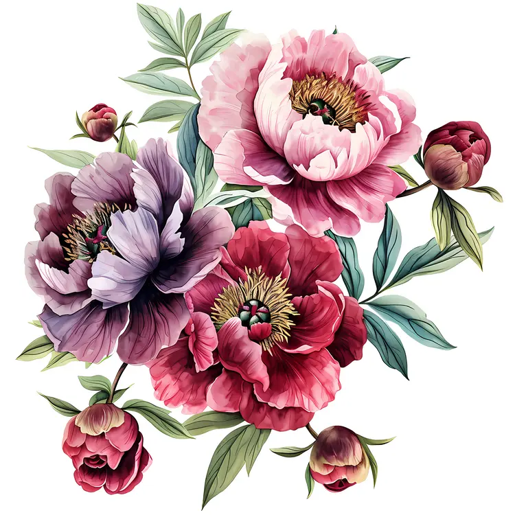 Pink and Purple Peonies with Green Leaves and Buds