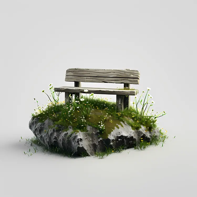 Wooden Bench on Rock with Grass and Flowers