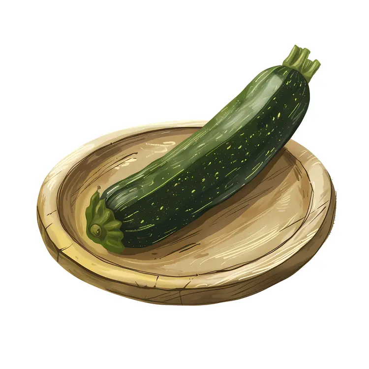 Single Fresh Green Zucchini on Wooden Plate