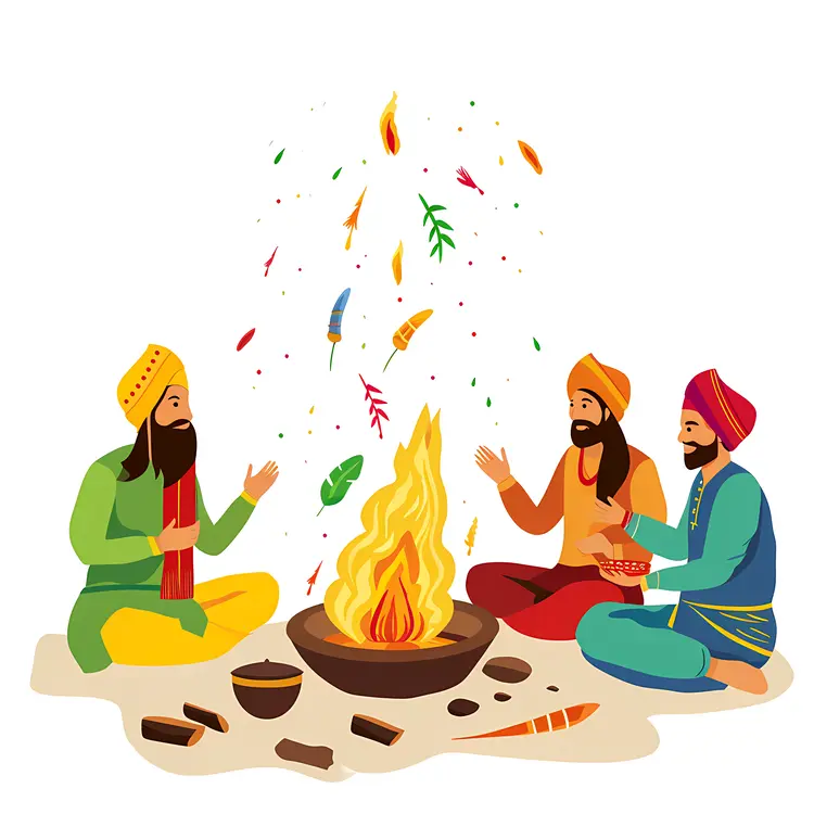 Men in Traditional Attire Around Bonfire