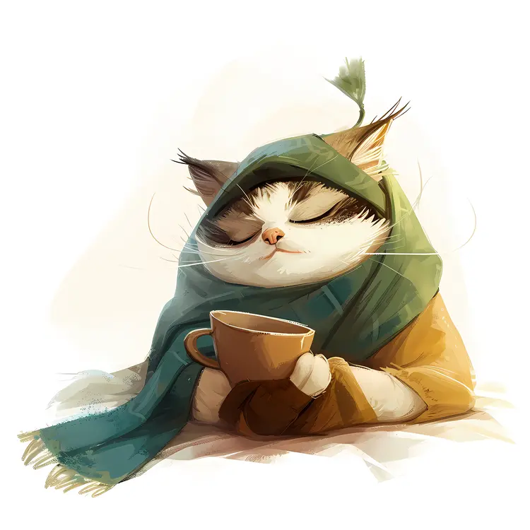 Cat with a Cup and Scarf