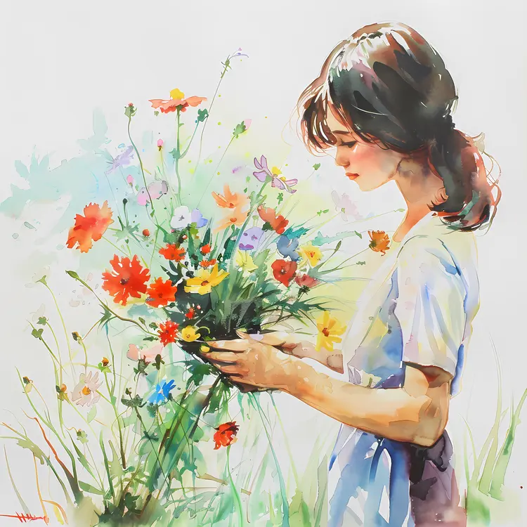 Girl Holding a Bouquet of Flowers