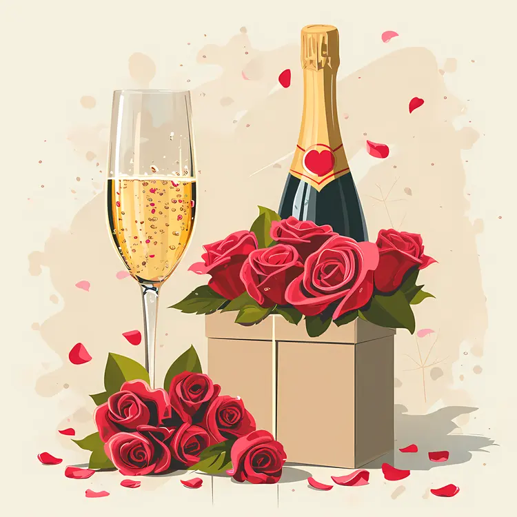 Champagne with Roses and Gift Box