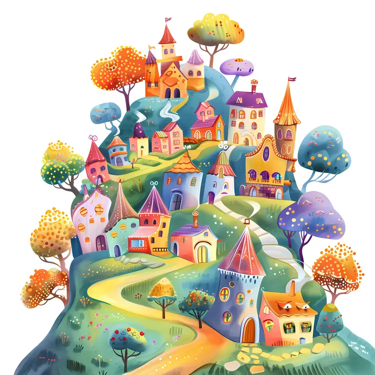 Colorful Doodle Houses on Hill
