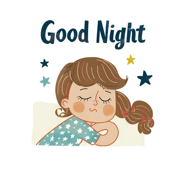 Good Night Text with Sleeping Girl Illustration