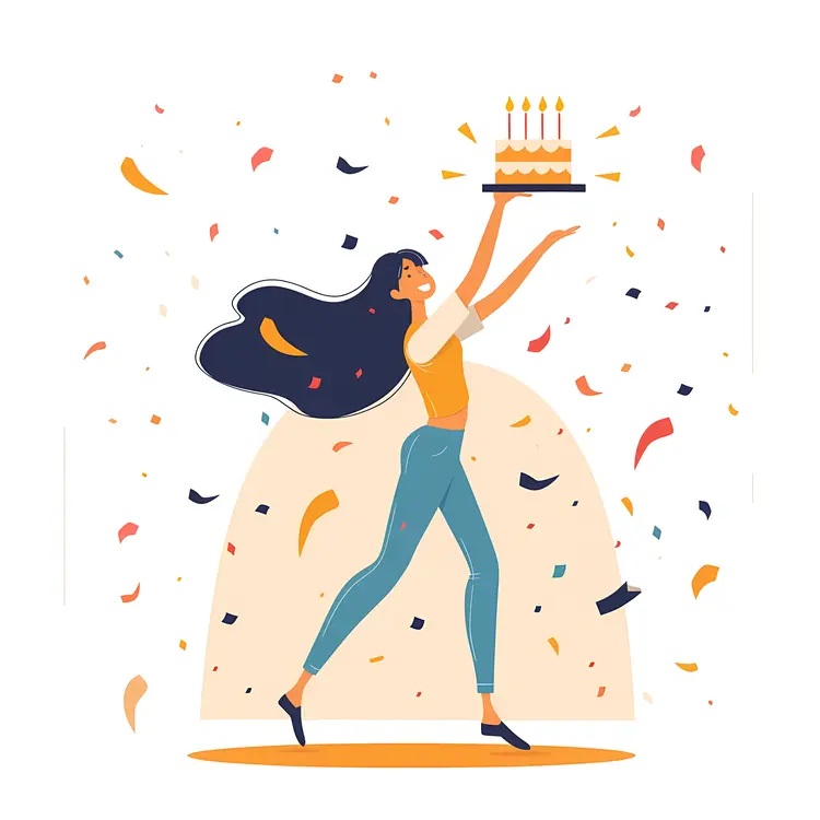 Woman Running with Birthday Cake and Confetti