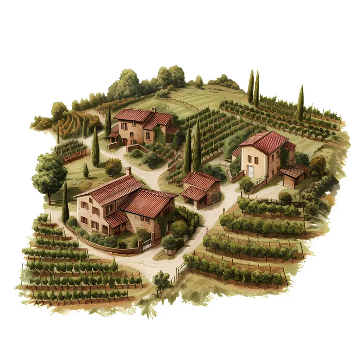 Vineyard with Small Houses and Trees