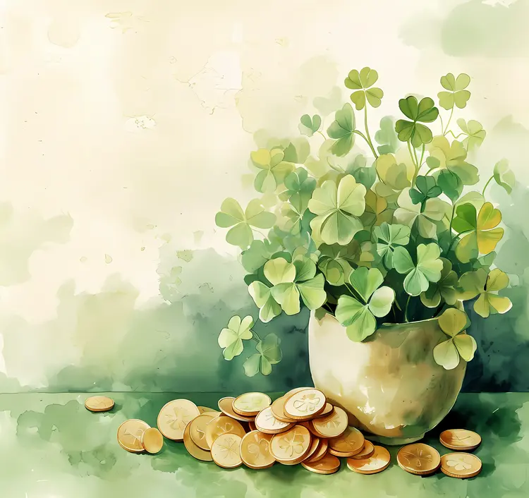 Clovers in Pot with Gold Coins