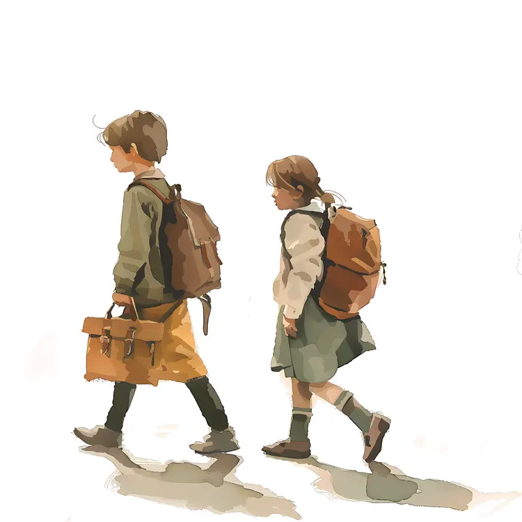 Children with Backpacks Walking to School