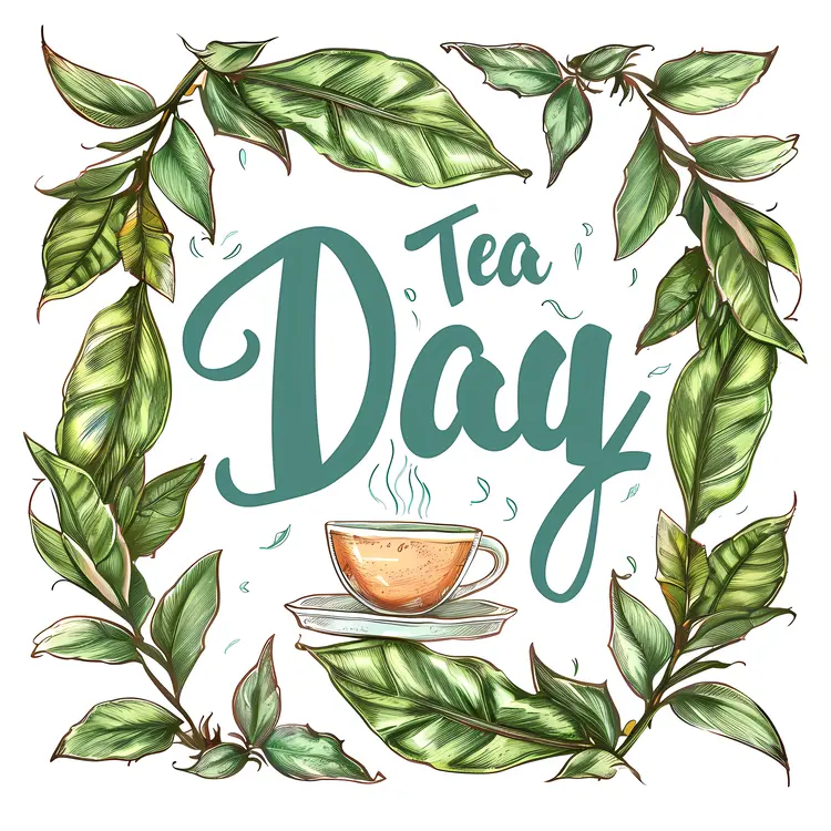 Tea Day Celebration with Leaves and Cup