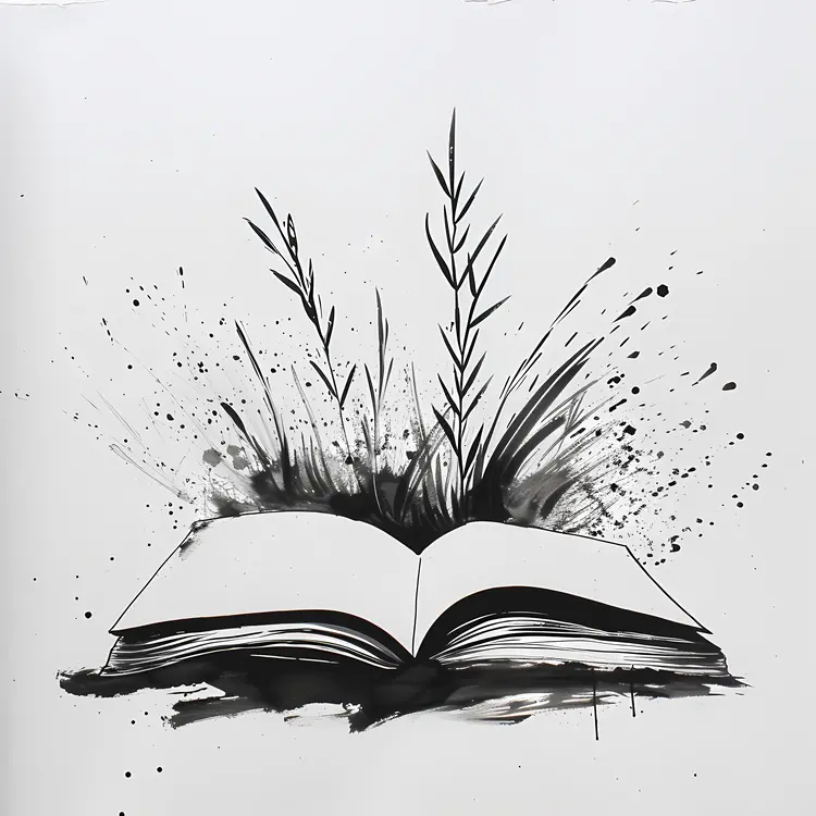 Black and White Open Book with Plants