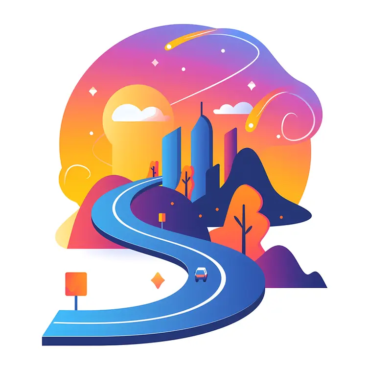 Curvy Road Leading to City at Twilight