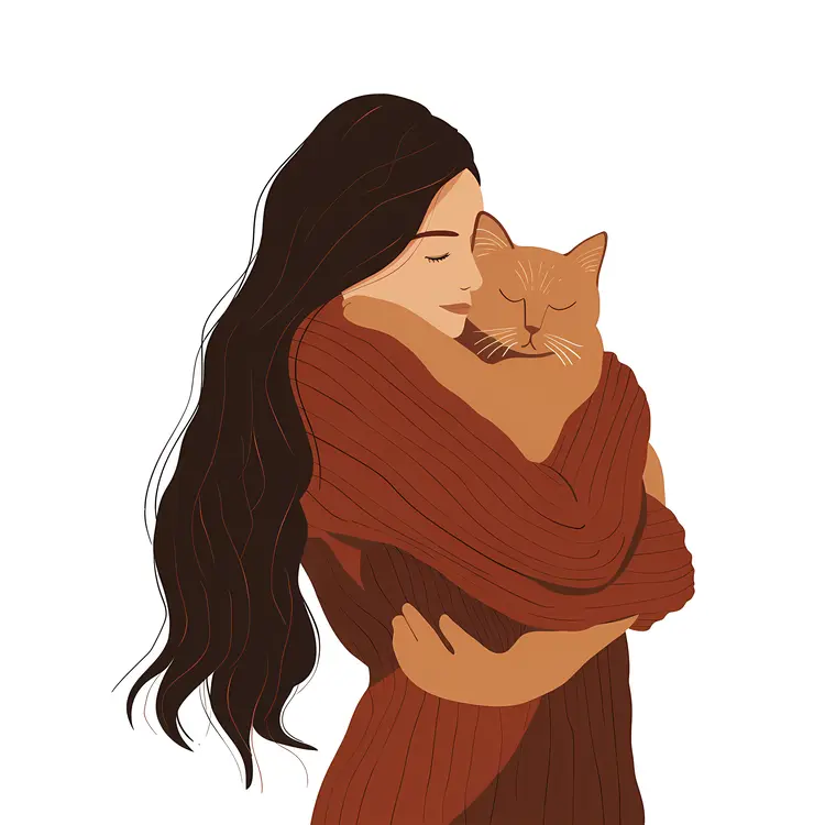 Woman Hugging Cat Illustration