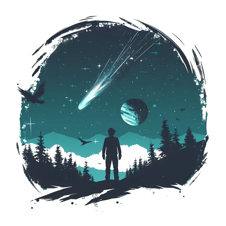 Silhouette and Comet in Starry Night