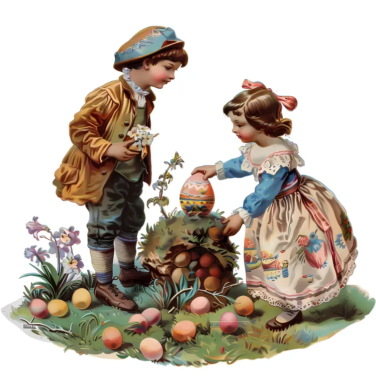 Children Collecting Easter Eggs in Spring Illustration