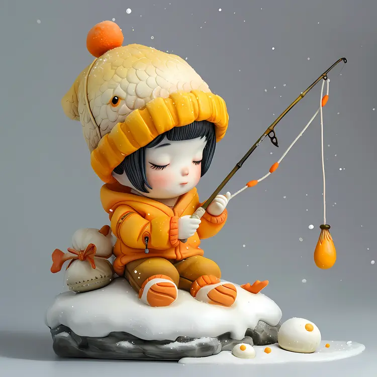 Cute Child Fishing in Snow