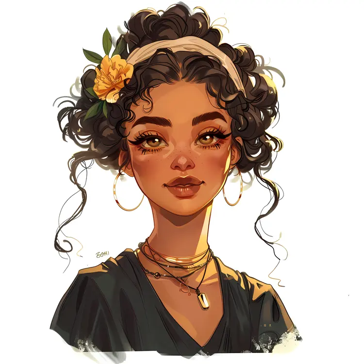 Illustration of Girl with Curly Hair and Flower Headband