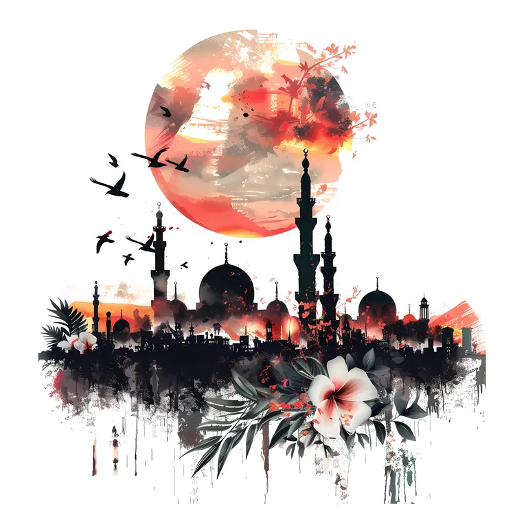 Cityscape Silhouette with Flowers and Sunset