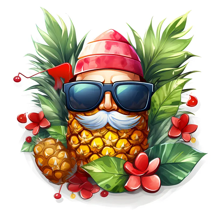 Pineapple with Sunglasses and Santa Hat Surrounded by Flowers