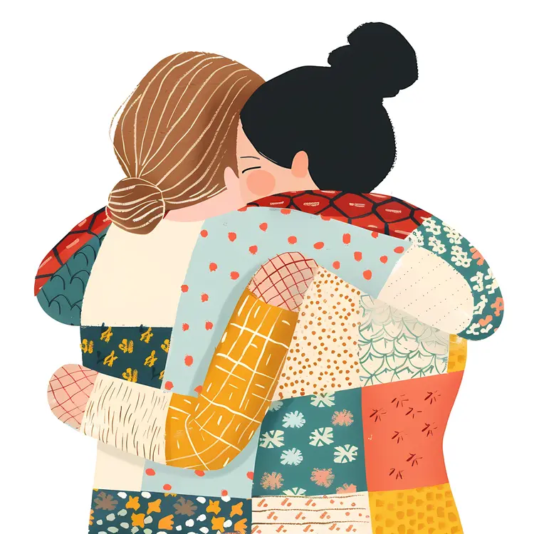 Two Women Hugging in Patchwork Clothing