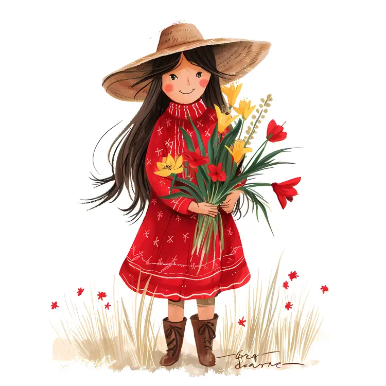 Girl in Red Dress Holding Flowers