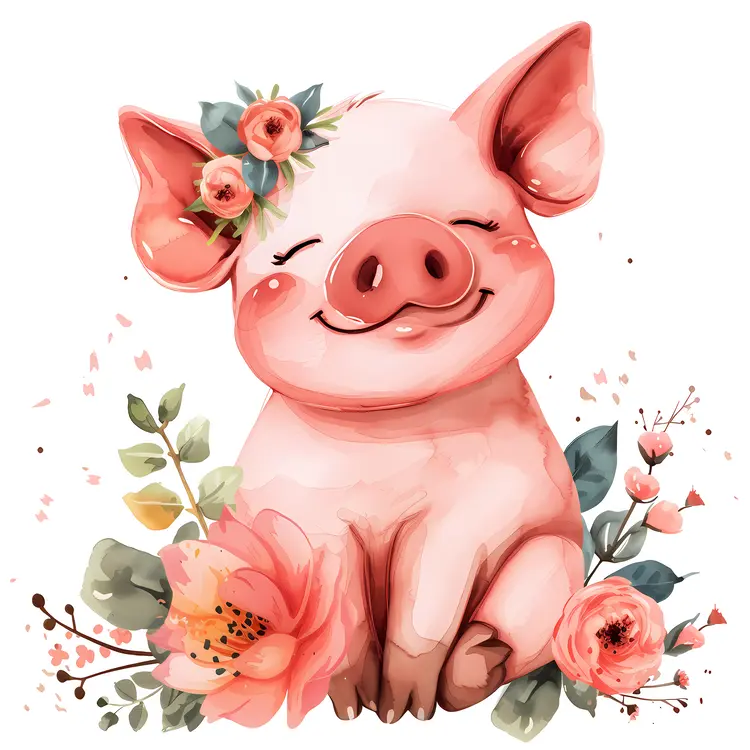 Happy Pig with Floral Decorations