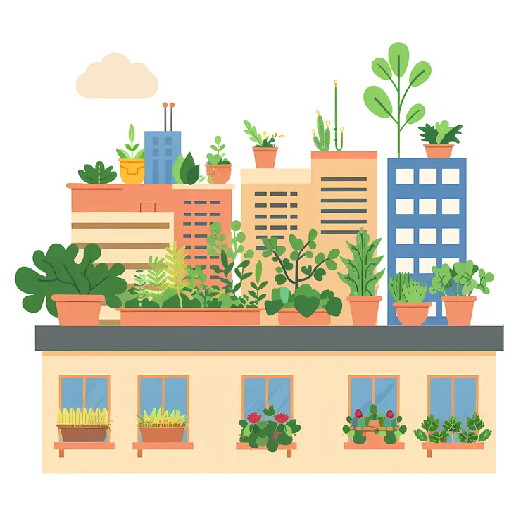 Urban Rooftop Garden with Potted Plants