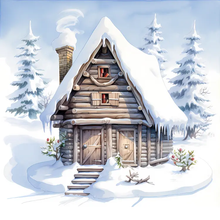 Snowy Log House in Winter Forest