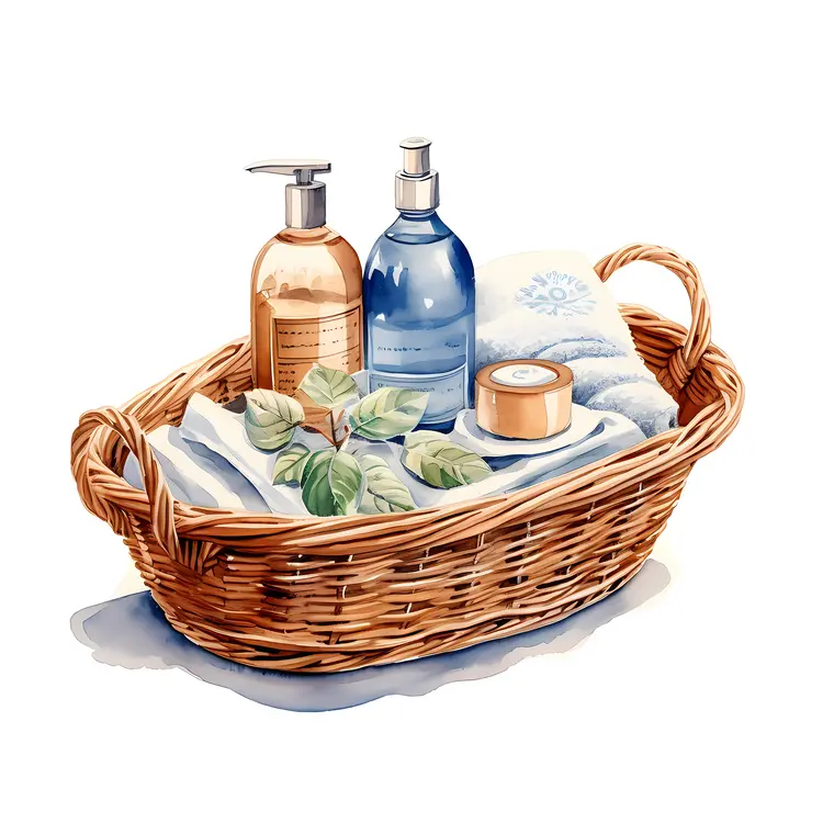 Bath Essentials in Wicker Basket with Leaves