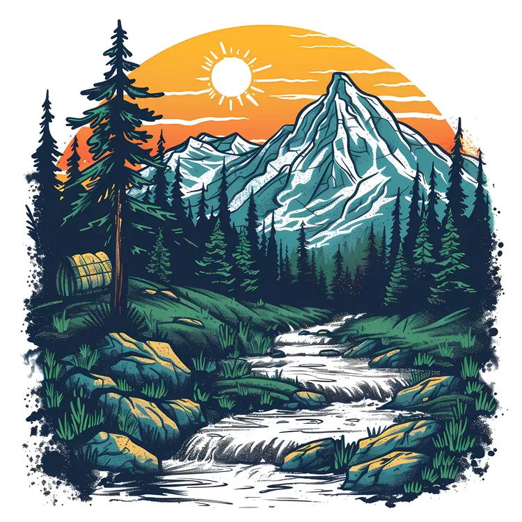 Mountain Stream in a Forest Landscape