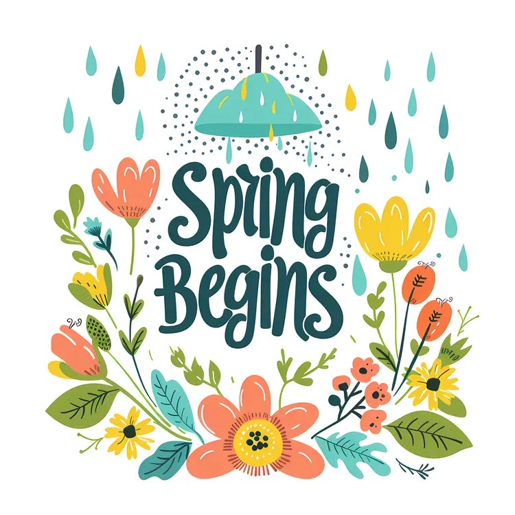 Spring Begins Text with Flowers and Umbrella