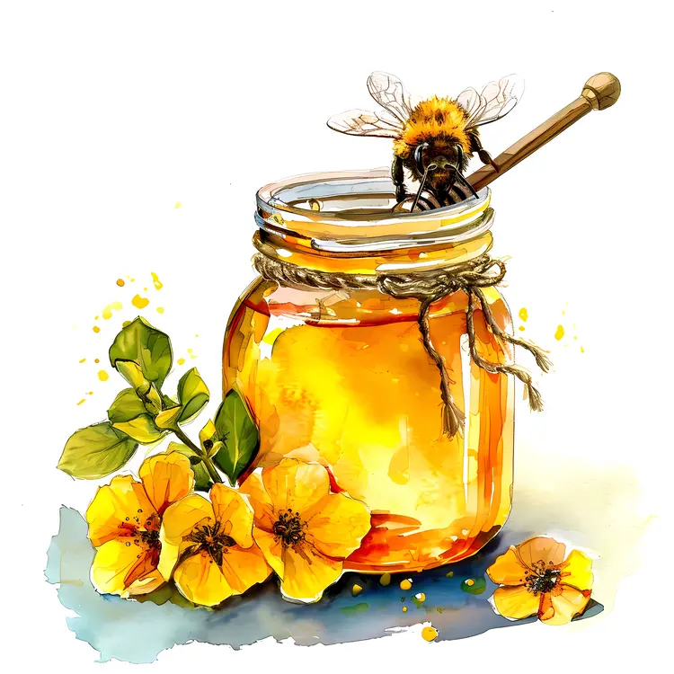 Honey Jar with Flowers and Bee