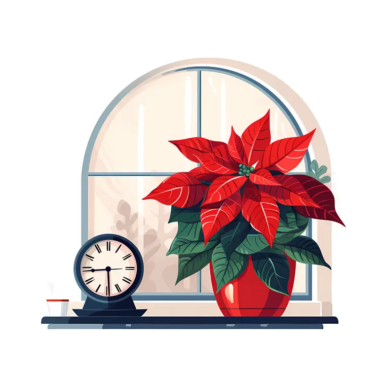 Poinsettia and Clock by the Window