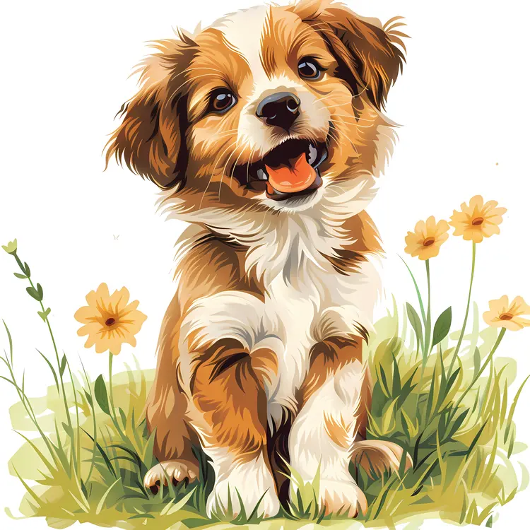 Happy Puppy Sitting in a Field of Flowers