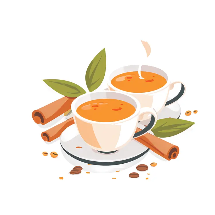 Two White Cups with Cinnamon Sticks and Leaves